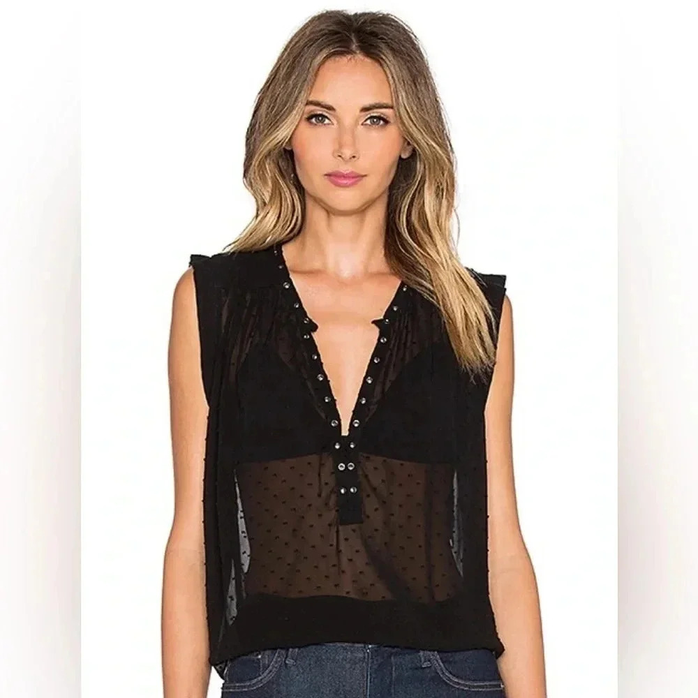 AMUSE SOCIETY Cara Woven Blouse in Black Sands Size M Sheer High Low Swiss Dot